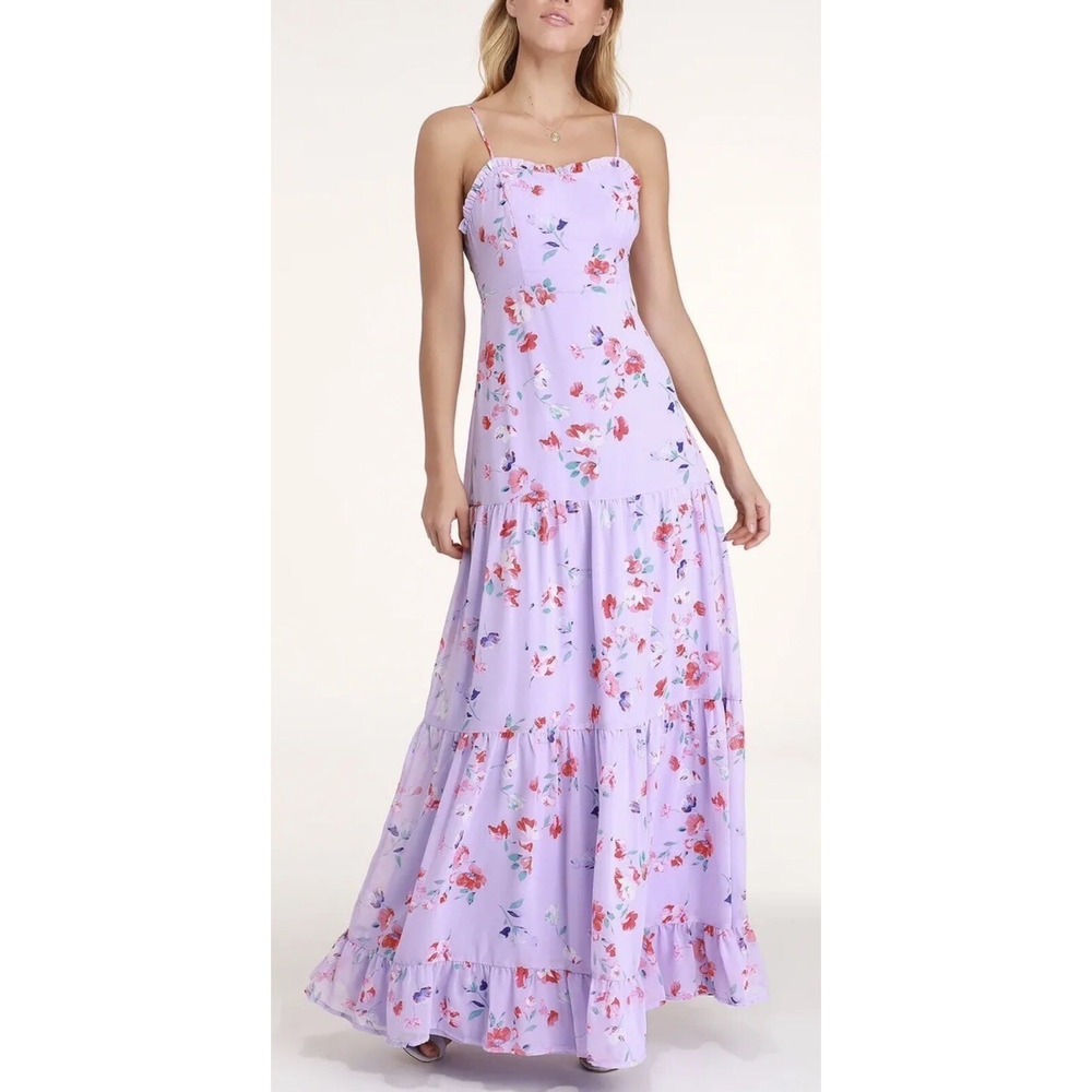 NWT Lulus Melissa Lavender Floral Print Tiered Maxi Dress Size M